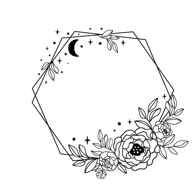 Vektor line art himmelsrahmen mit blumenstrauß sterne mond umriss schwarzer geometrischer rahmen verzierte blätter vektorelement