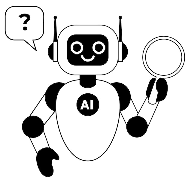 Line-Art-Illustration eines Chatbots, der ein Lupe-Informationssuchkonzept hält, isoliert auf