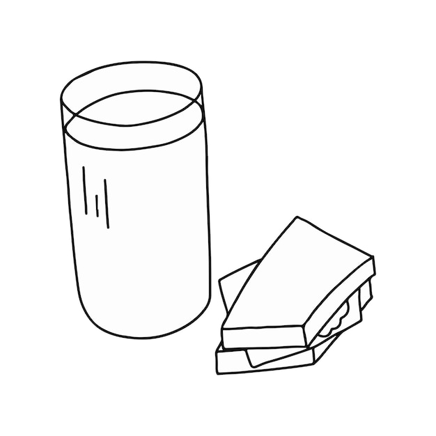 Vektor line art illustration von einem glas wasser und einem sandwich auf einem tisch