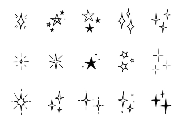 Line star glitzerglanz des doodle-sets. sternglanzglühen, funkenfunkeln, funkelnlichtvektorillustration. handgezeichnete skizze doodle-stil.