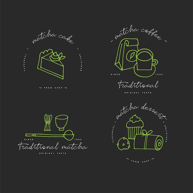 Lineare designelemente für matcha-tee, embleme, symbole, symbole oder tee-, kaffee- oder dessertetiketten und abzeichen für matcha-produkte. matcha zeichen vorlage oder logo