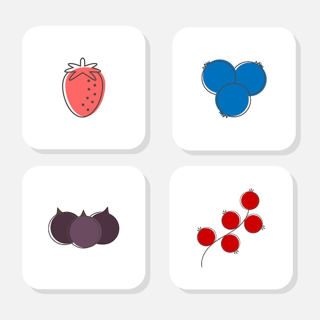 Lineare Ikonen von Erdbeeren, Heidelbeeren, schwarzen Johannisbeeren und roten Johannisbeeren