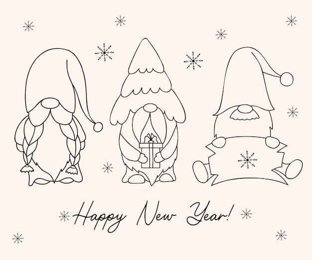 Lineare sammlung neujahr süße gnome winterzwerg mit weihnachtsbaumgeschenk doodle-stil