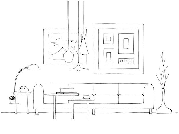Vektor lineare skizze eines innenraums handgezeichnete vektorillustration von