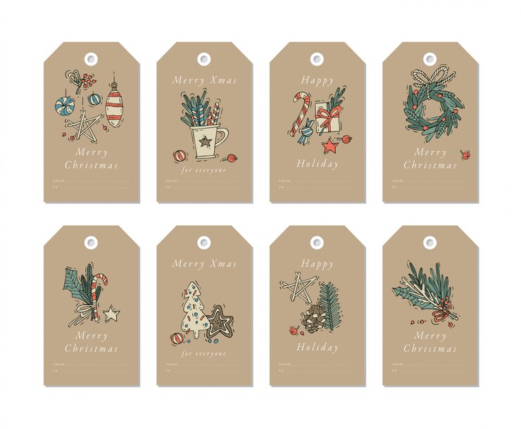 lineares Design Weihnachtsgrußelemente auf Bastelpapieren. Weihnachtsmarken gesetzt mit Typografie und buntem Symbol.