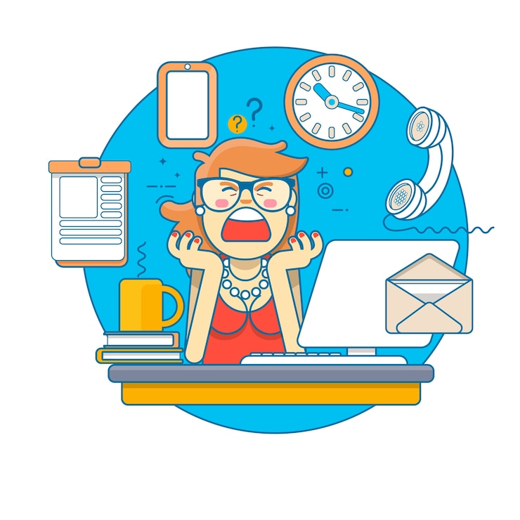 Lineares Flat.Multitasking betonte Geschäftsfrau am Büro-Arbeitsplatz. Vektor-Illustration