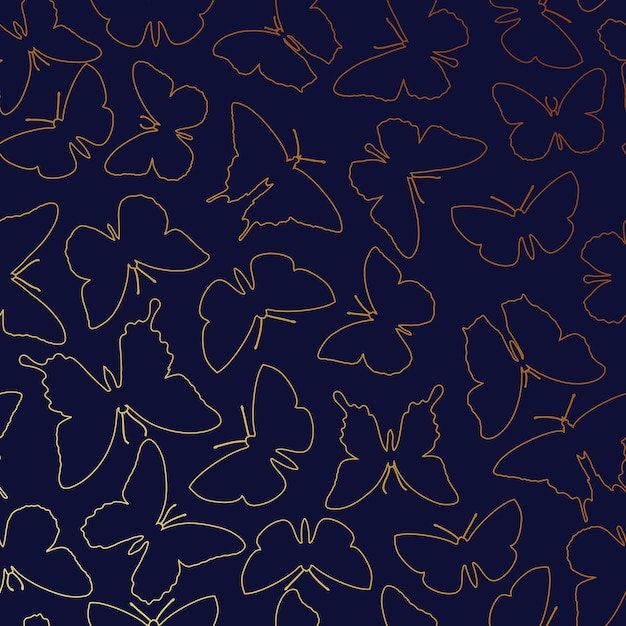 Lineares goldenes Muster von Schmetterlingen auf dunkelblauem Hintergrund für Druck und Design Vektorillustration