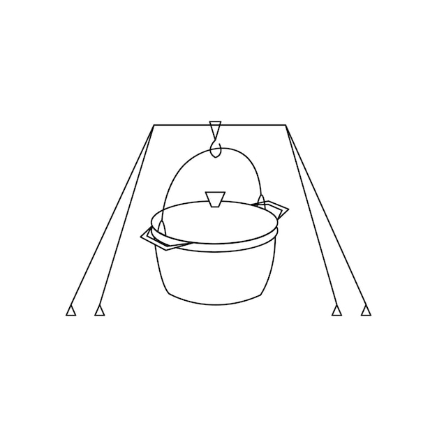 Lineares schwarz-weißes kesselsymbol kann als symbolzeichen verwendet werden umrisstopf zum kochen, wandern, reisen