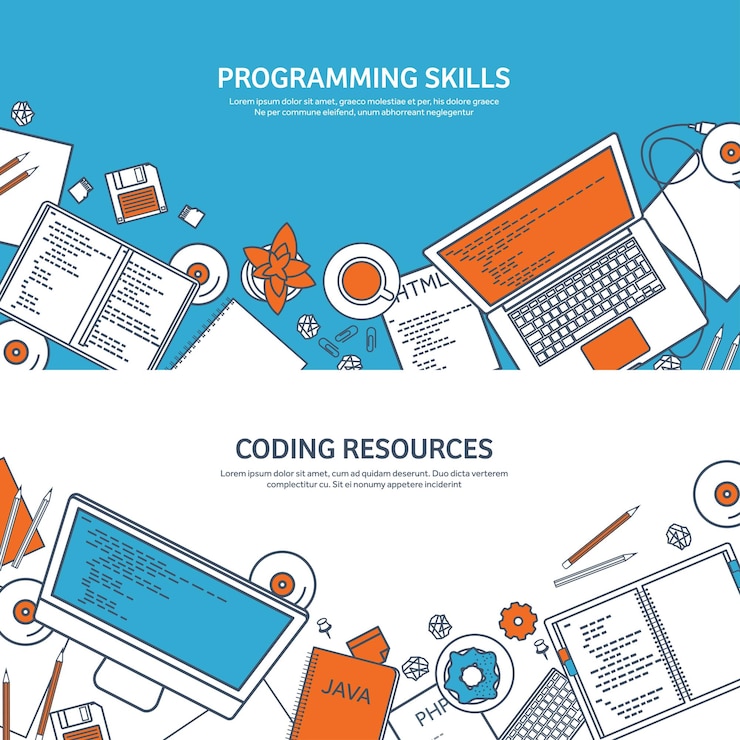 Vektor lined programming codierung und seo umriss computing hintergrundcode hardware software webentwicklung