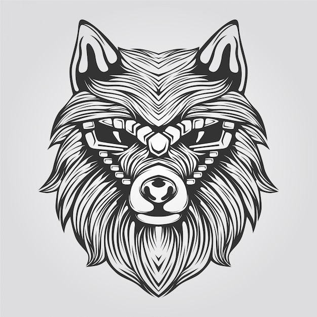 Linie des abstrakten wolfs in schwarzweiss mit dekorativem gesicht
