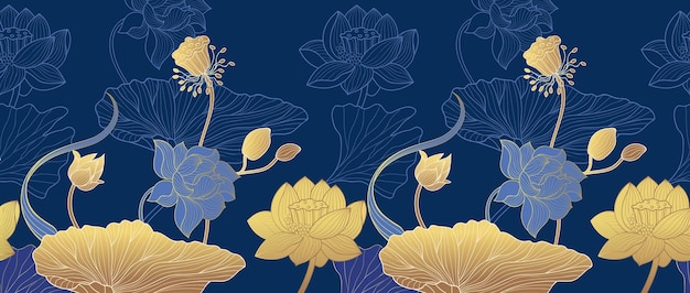 Linie gold blumenhintergrund kunstverzierte pflanzen goldene exotische asiatische blumen nahtloses muster luxusblatt und lotusblaues orientalisches stilvolles vektorbanner von heute