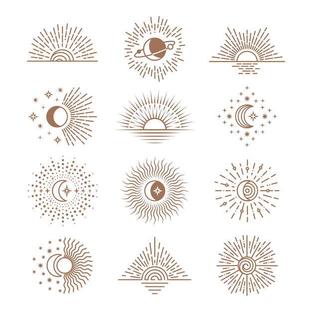 Linie mond und sonne zeichnen von saturnsternen mondphasen im boho-stil kosmische umrisskunst halbmond und astronomiesymbol mystische alchemie ordentlicher vektorsatz