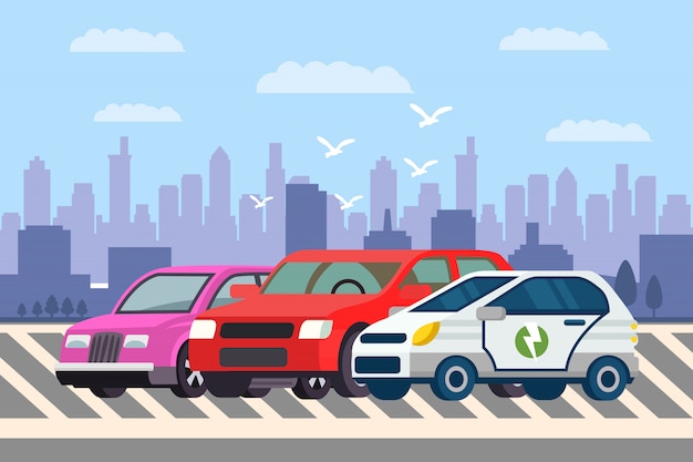 Linie von Autos an der Parkplatz-Vektor-Illustration