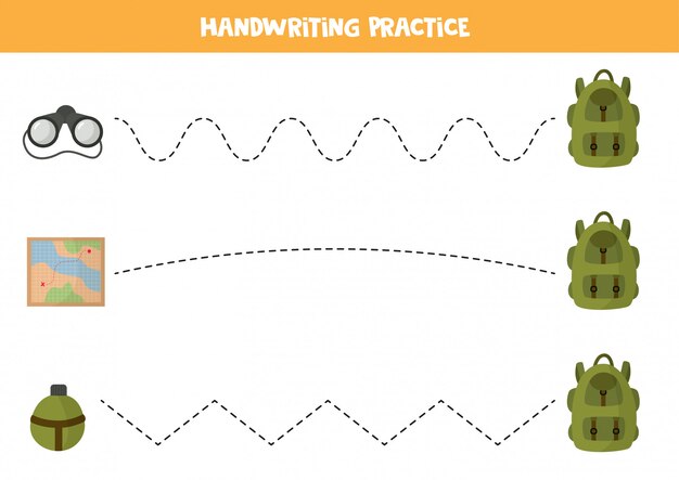 Linien für kinder verfolgen. touristische ausrüstung. rucksack, flasche, karte und fernglas.