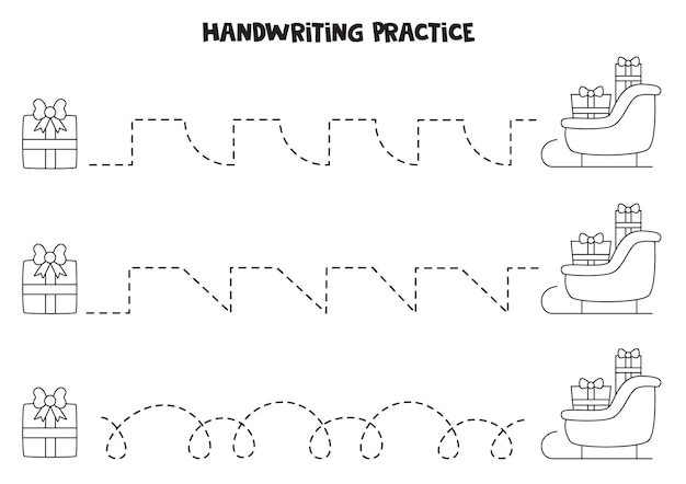 Linien nachzeichnen mit weihnachtsschlitten und geschenken. schreiberfahrung.