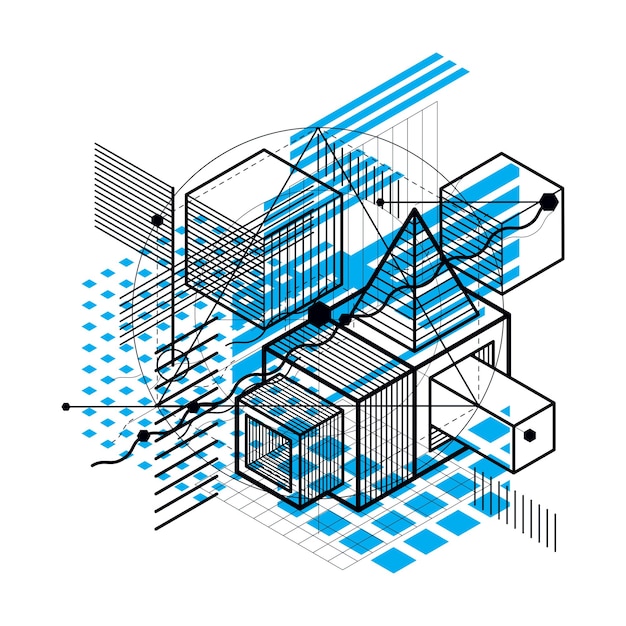 Linien und Formen abstrakter Vektor isometrischer 3D-Hintergrund. Anordnung von Würfeln, Sechsecken, Quadraten, Rechtecken und verschiedenen abstrakten Elementen.