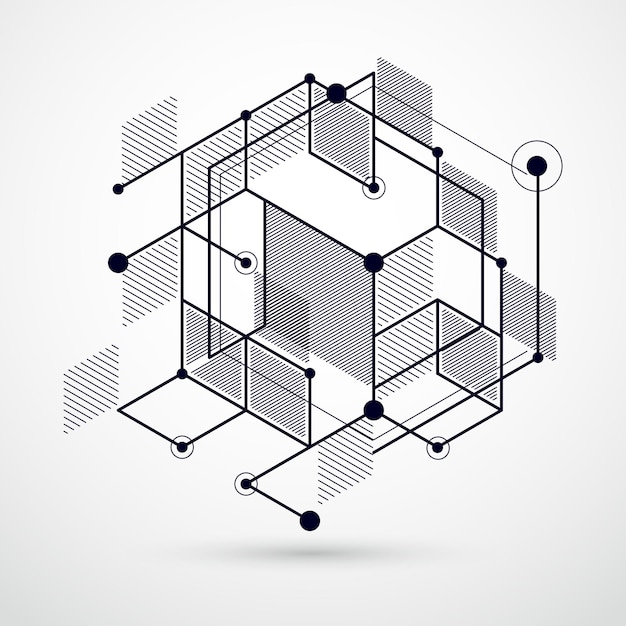 Linien und Formen abstrakter Vektor isometrischer 3D-Schwarz-Weiß-Hintergrund. Abstraktes Schema des Motors oder technischen Mechanismus. Layout von Würfeln, Sechsecken, Quadraten, Rechtecken und verschiedenen Elementen