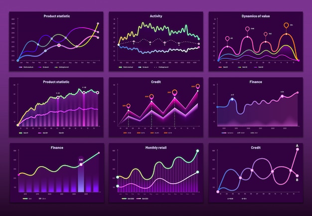 Liniendiagramme. geschäftsfinanzdiagramme, marketingdiagrammgrafiken und histogramm-infografiksatz