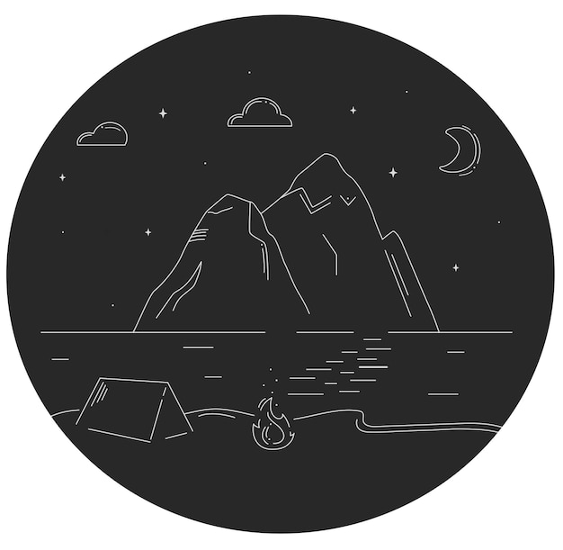 Linienkonzeptillustration für camping im zelt mit feuerflamme am fluss- oder meeresufer in der nähe von bergen bei sternenklarer nacht mit halbmond. tourismus und reisen im in- und ausland.