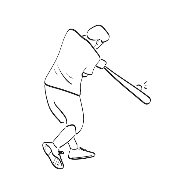 Linienkunst baseballschläger schlägt den ball illustration vektor von hand gezeichnet isoliert