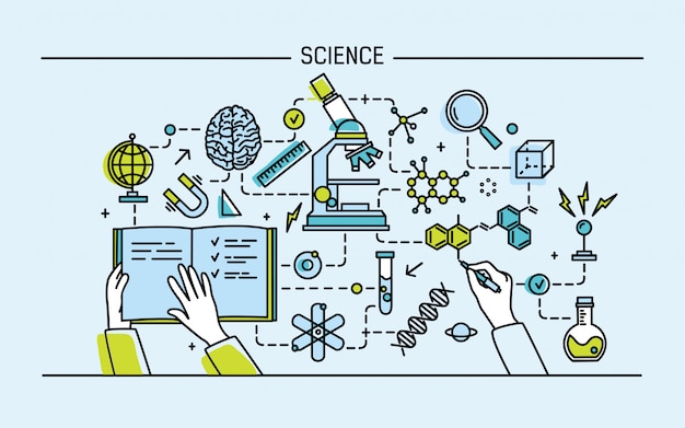 Linienkunst bunte illustration. wissenschaftswort und technologiekonzept. flaches design