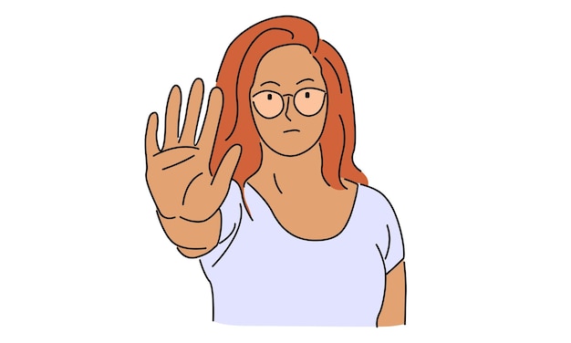 Linienkunstfarbe einer Frau, die Handfläche als Stoppschild-Halte- oder Ablehnungsgeste zeigt, Vektorillustration