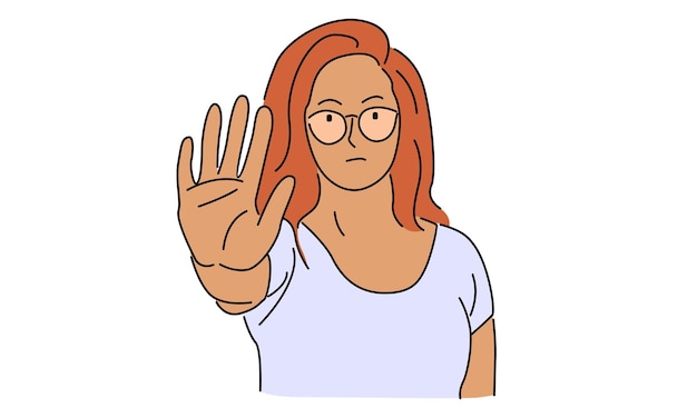 Linienkunstfarbe einer frau, die handfläche als stoppschild-halte- oder ablehnungsgeste zeigt, vektorillustration