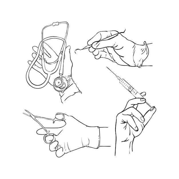 Vektor linienzeichnung der hand, die medizinische geräte hält