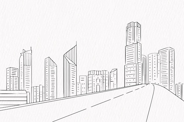 Linienzeichnung der modernen Stadtsilhouette im Hintergrund mit Straßen und Gebäuden