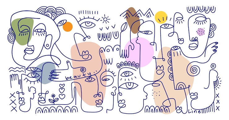 Vektor linienzeichnung gesichtsporträt zeichnung geometrischer umriss handgezeichneter vektorillustration minimalistische linien