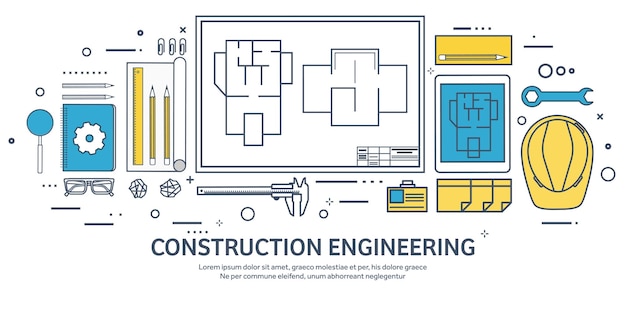 Linierte umrisse vektor-illustration ingenieur- und architektur-notebook-software-zeichnung