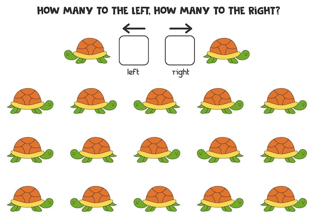 Links oder rechts mit süßer schildkröte logisches arbeitsblatt für kinder im vorschulalter