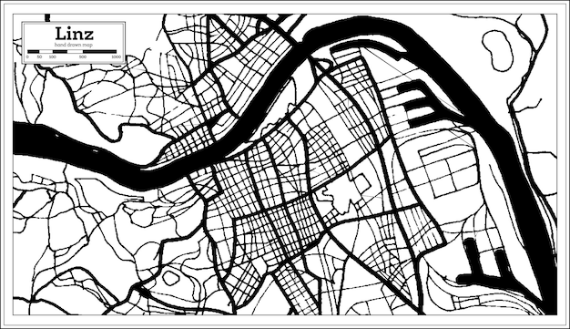 Linz österreich stadtplan in schwarz-weiß-farbe im retro-stil übersichtskarte