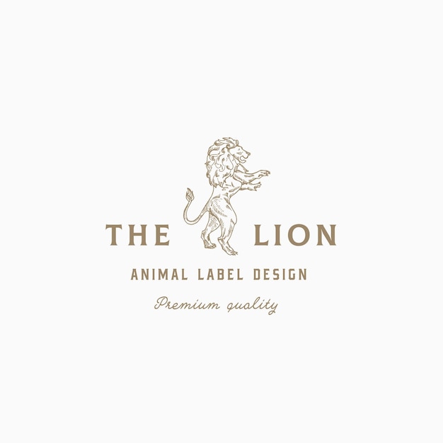 Lion Abstract Vector Zeichen Symbol oder Logo Vorlage Handgezeichnete Tierskizze Silhouette mit Retro-Typografie isoliert