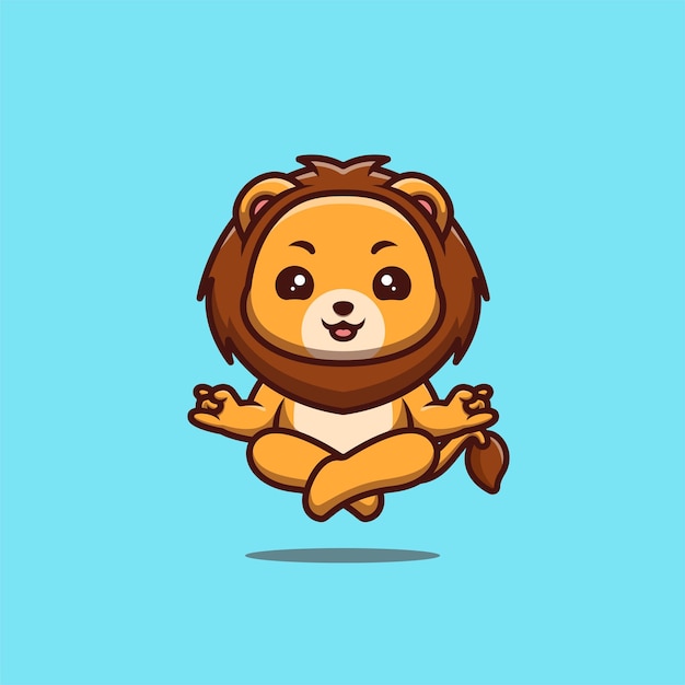 Lion sitting meditation nettes kreatives kawaii cartoon-maskottchen-logo