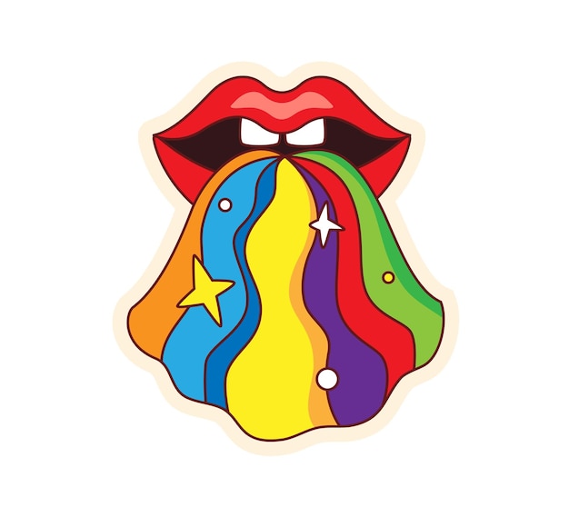 Vektor lippen, aus denen ein regenbogen gießt psychedelischer retro-aufkleber im cartoon. vektorillustration der 70er 80er jahre