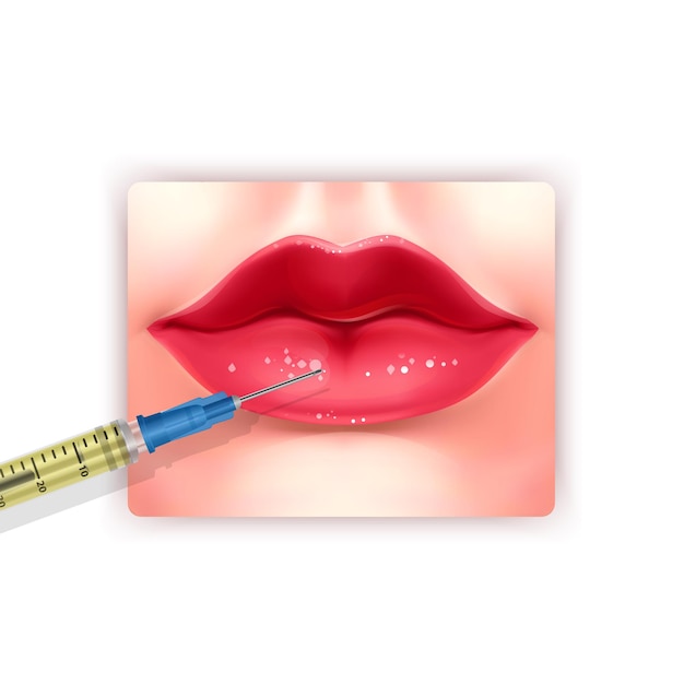 Lippeninjektion. Injizierbare kosmetische Füllstoffillustration der Lippenvergrößerung im Karikaturstil