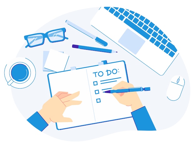 Listen schreiben. Hand mit Stift schreiben Planerlisten, produktive Organisation und Notizblock auf Schreibtisch Draufsicht Vektor-Illustration