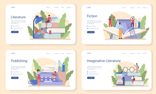 Literaturschulfach webbanner oder landingpage-set. webinar, kurs und lektion. idee von bildung und wissen. studiere alten schriftsteller und modernen roman.