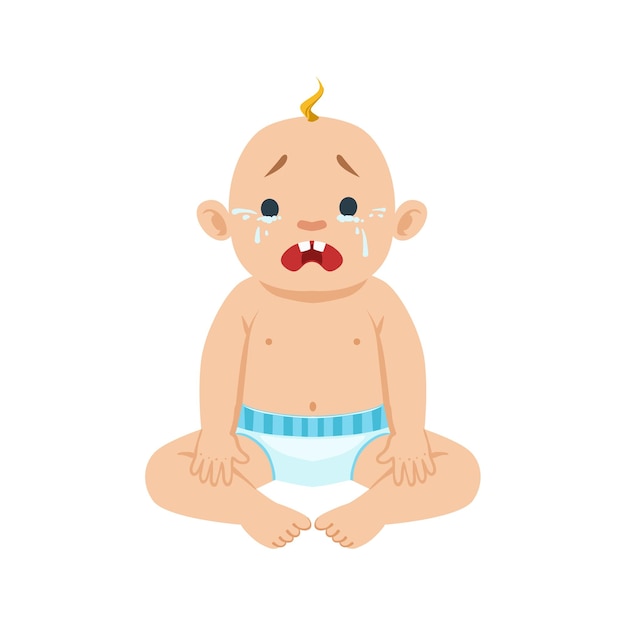 Little Baby Boy Sitting In Windel weint mit Augen voller Tränen Teil Gründe Infant Being Unglücklich Cartoon Illustration Collection