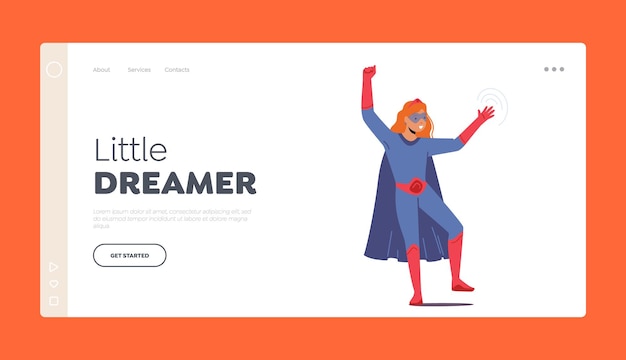 Little dreamer landing page template tapferes mädchen im superheldenkostüm trägt blaue maske und umhang mit roten stiefeln und gürtel