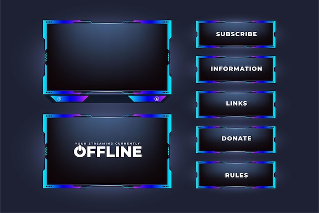 Vektor live-online-gaming-overlay und streaming-icon-design mit schaltflächen futuristischer live-streaming-schaltflächenvektor mit digitalen abstrakten formen overlay-design für den übertragungsbildschirm mit blauen und violetten farben