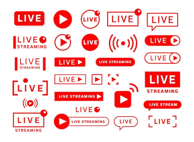 Live-Stream-Symbole. Videoübertragungs- und Übersetzungssymbole und -banner für die Benutzeroberfläche des sozialen Netzwerks und den Online-Videoplayer. Vektornachrichten und Streaming-Schaltflächen eingestellt