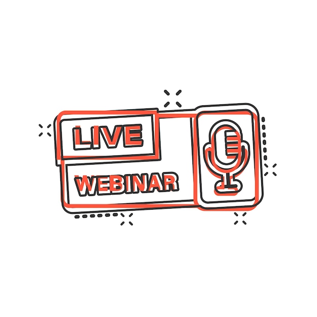 Vektor live-webinar-symbol im comic-stil online-schulung cartoon-vektor-illustration auf isoliertem hintergrund konferenz-stream-splash-effekt-zeichen geschäftskonzept