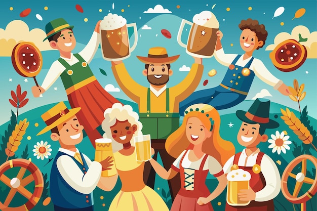 Vektor lively photograph of people celebrating oktoberfest with beer pretzels and traditional bavarian music with lederhosen and dirndls adding to the festive atmosphere