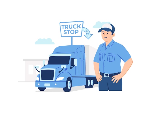LKW-Fahrer, der vor seinem LKW-Anhänger großen Rig-Frachtschlepper an der Konzeptillustration des LKW-Rastplatzes steht
