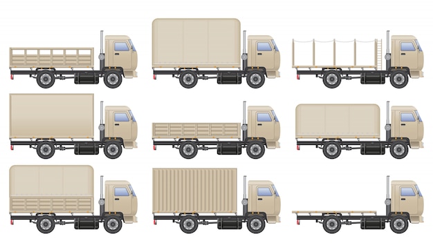 Lkw-illustrationssatz lokalisiert auf weiß. transportfahrzeug.