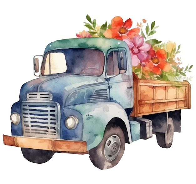 Vektor lkw mit blumen-aquarell-illustration