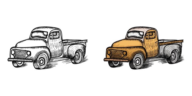 Lkw-skizze und illustration im vintage-stil