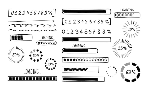 Loading bar doodle set Handgezeichnetes Element Line Loading Sketch Style Langsam isolierter Download-Geschwindigkeit Fortschrittsstatus und Internet-Load-Bar-Konzept
